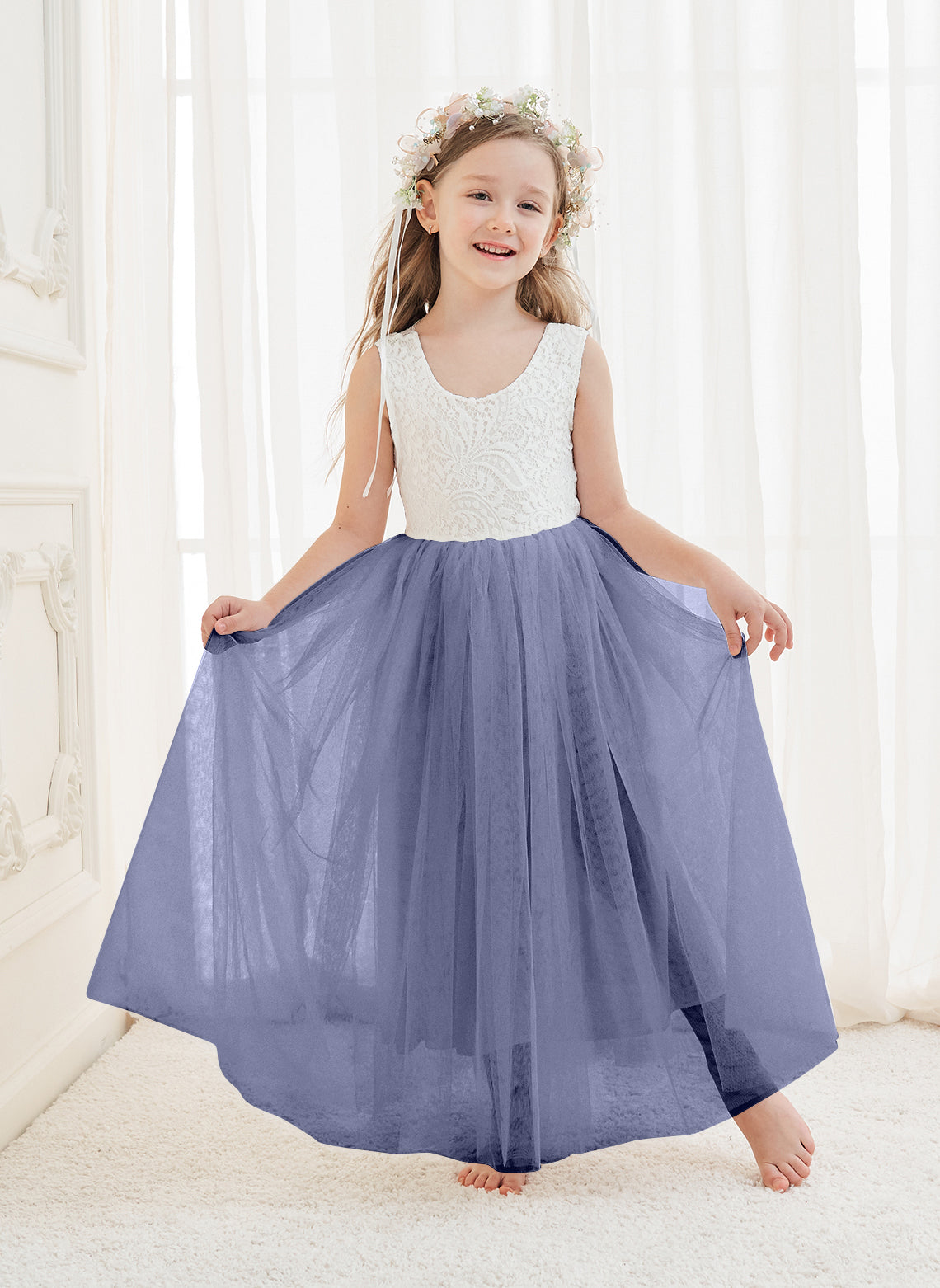 A-line Lace Tulle Ankle-length White Dress (2003227597)