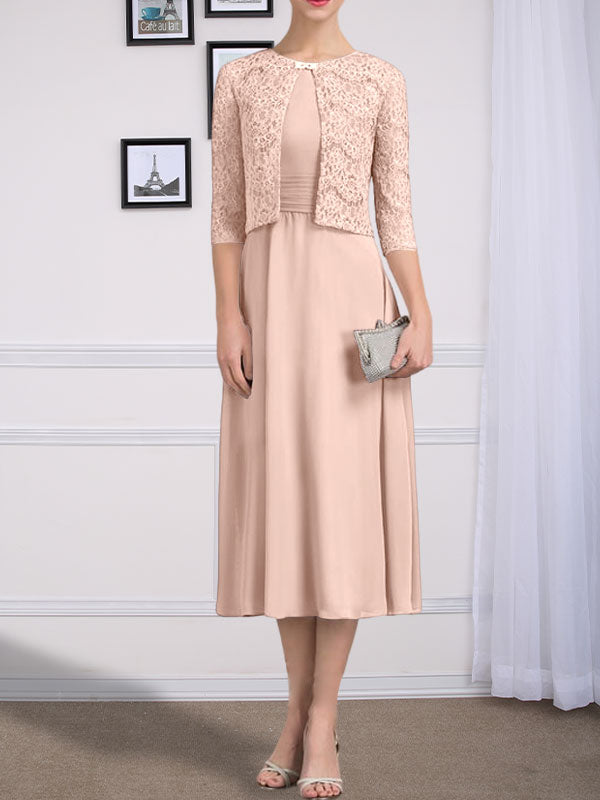A-line Scoop Tea-Length Chiffon Mother of the Bride Dress With Pleated
