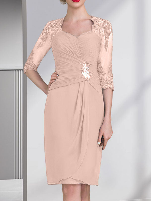 Sheath/Column Sweetheart Knee-Length Chiffon Mother of the Bride Dress With Beading Appliques Lace Sequins Pleated