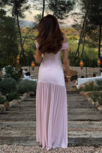 Blush Maxi Prom Dresses with Off Shoulder Twist Neck Brooch Detail Pleated Skirt for Prom and Wedding Guest