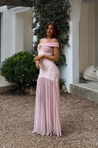 Blush Maxi Prom Dresses with Off Shoulder Twist Neck Brooch Detail Pleated Skirt for Prom and Wedding Guest