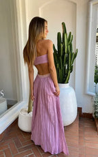 Blush Maxi Prom Dresses with Strapless Twist Neck Waist Cutout Pleated Skirt for Prom and Beach Party