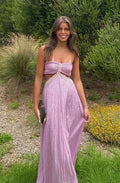 Blush Maxi Prom Dresses with Strapless Twist Neck Waist Cutout Pleated Skirt for Prom and Beach Party