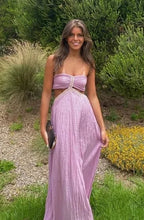 Blush Maxi Prom Dresses with Strapless Twist Neck Waist Cutout Pleated Skirt for Prom and Beach Party