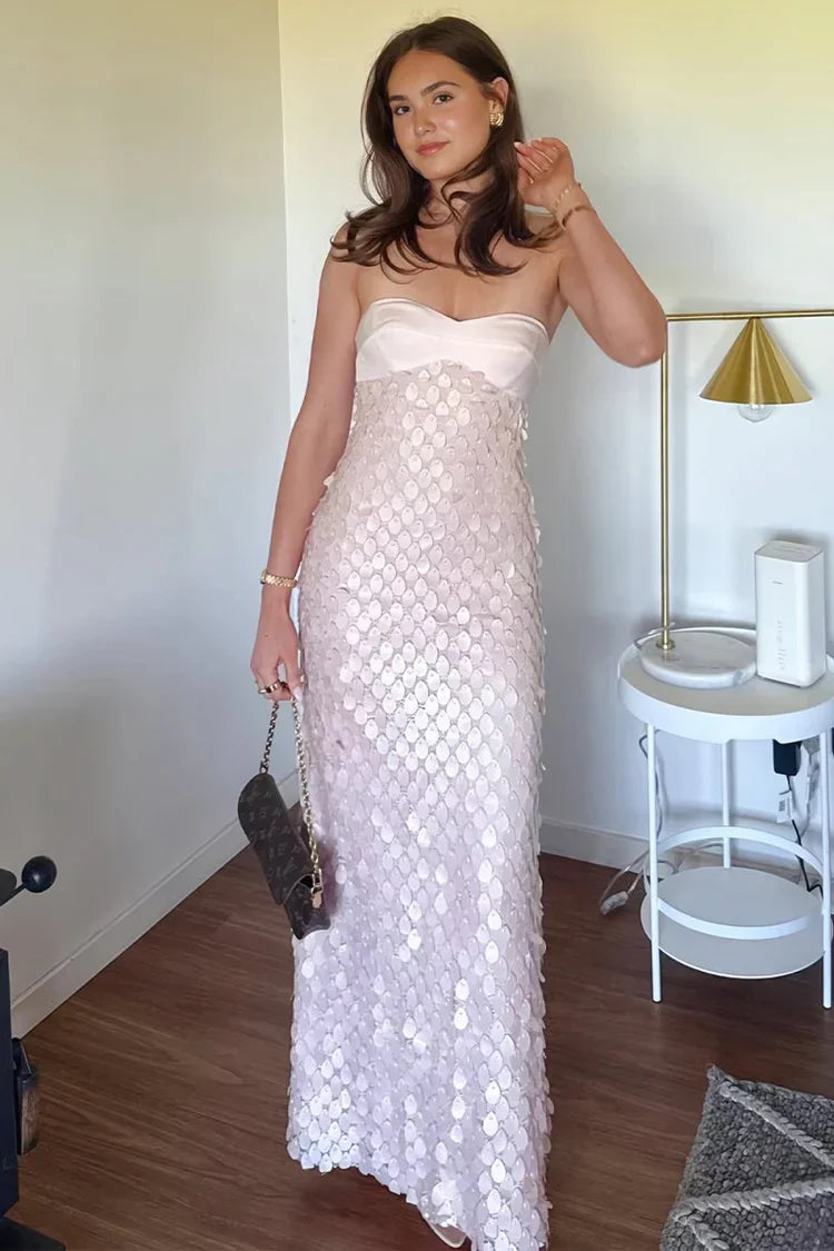 3D Disc Sequin Strapless Satin Sheath Prom Dresses