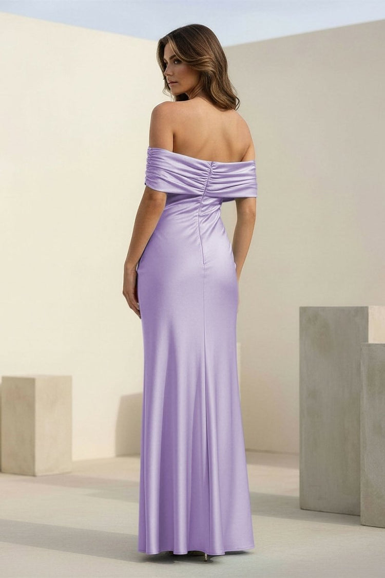 Off Shoulder Draped Satin Sheath Prom Dresses