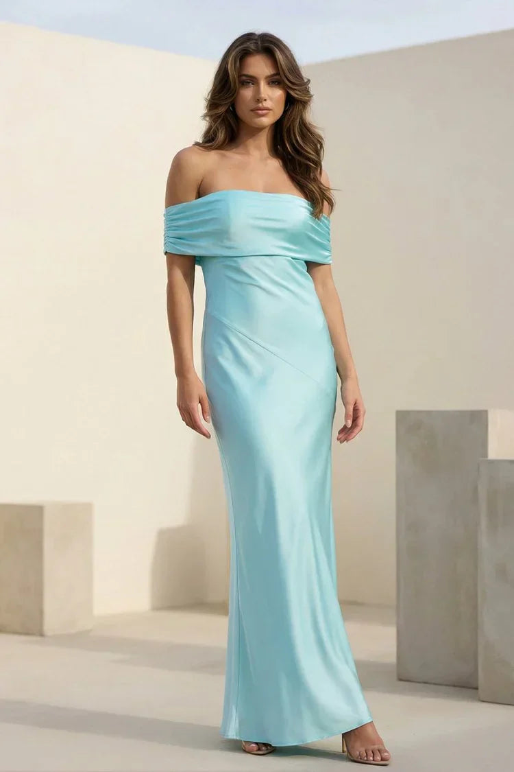 Off Shoulder Draped Satin Sheath Prom Dresses