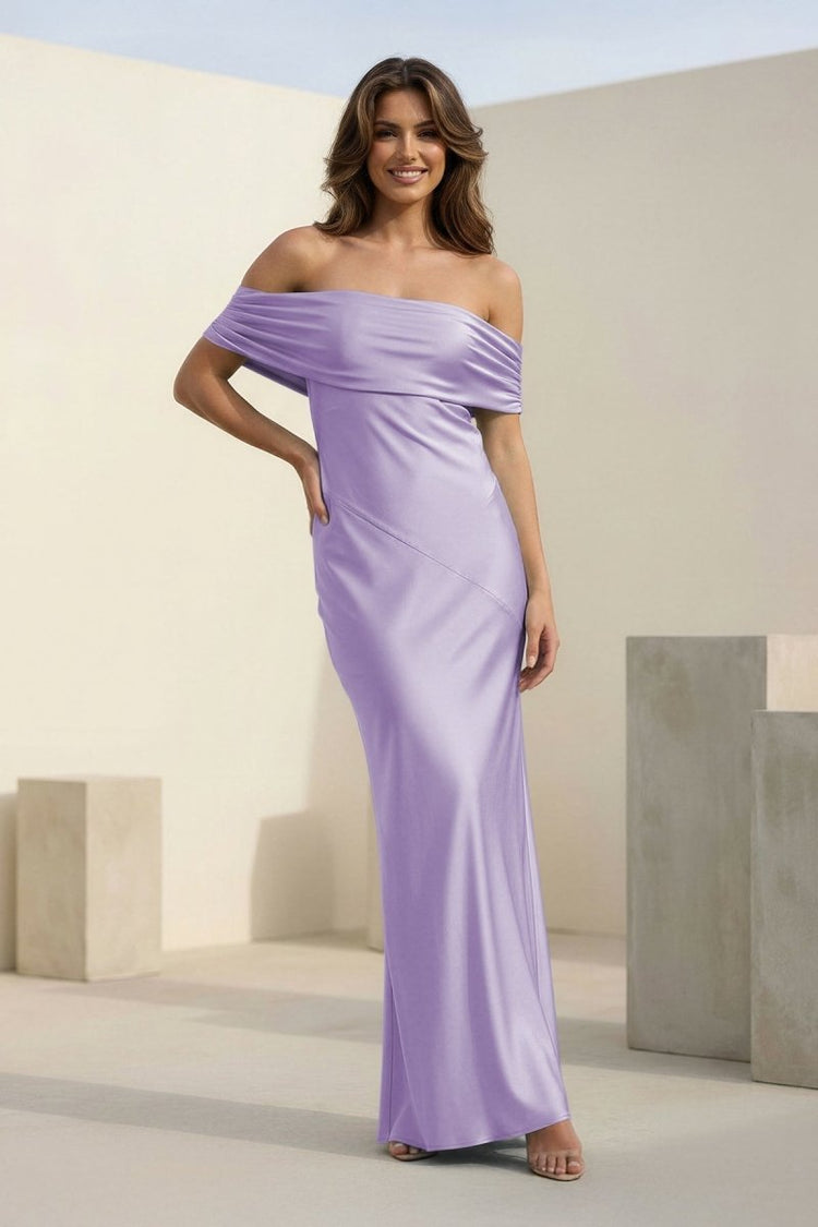 Off Shoulder Draped Satin Sheath Prom Dresses