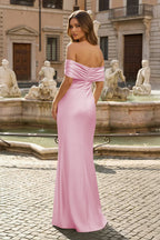 Off Shoulder Draped Satin Sheath Prom Dresses