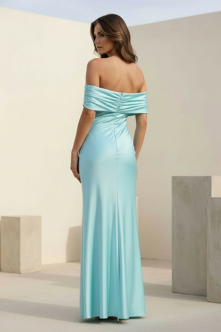 Off Shoulder Draped Satin Sheath Prom Dresses