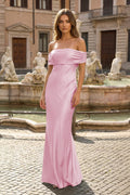 Off Shoulder Draped Satin Sheath Prom Dresses