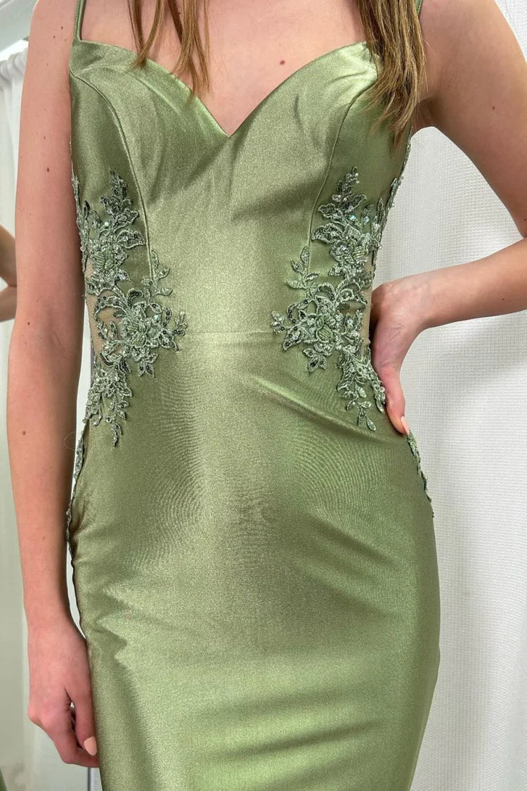 Satin Lace Appliqué Open Back Mermaid Prom Dresses