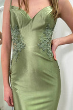 Satin Lace Appliqué Open Back Mermaid Prom Dresses