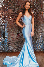 Satin Lace Appliqué Open Back Mermaid Prom Dresses