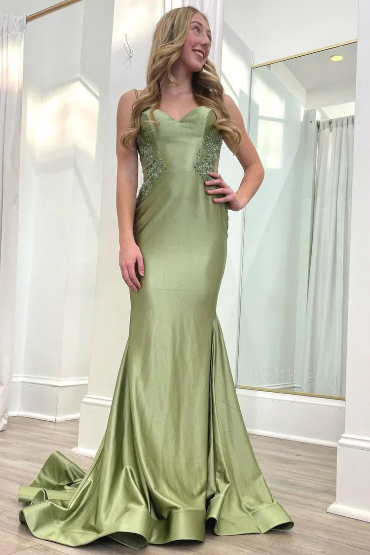 Satin Lace Appliqué Open Back Mermaid Prom Dresses