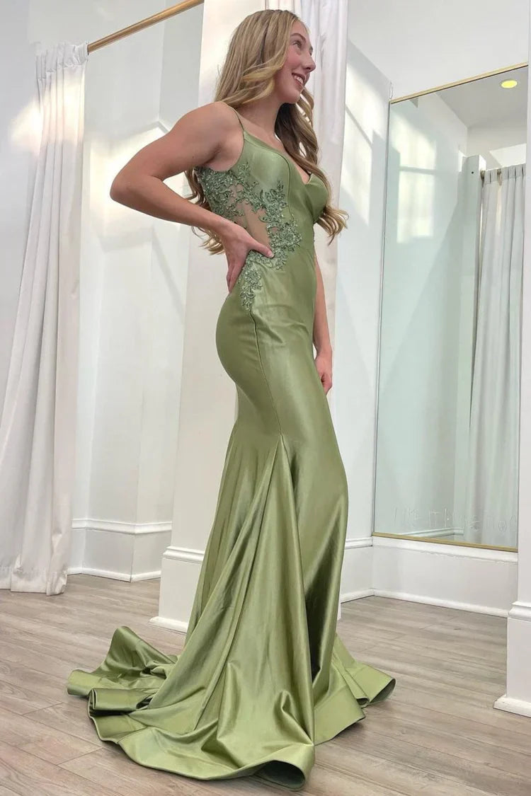 Satin Lace Appliqué Open Back Mermaid Prom Dresses
