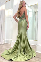 Satin Lace Appliqué Open Back Mermaid Prom Dresses