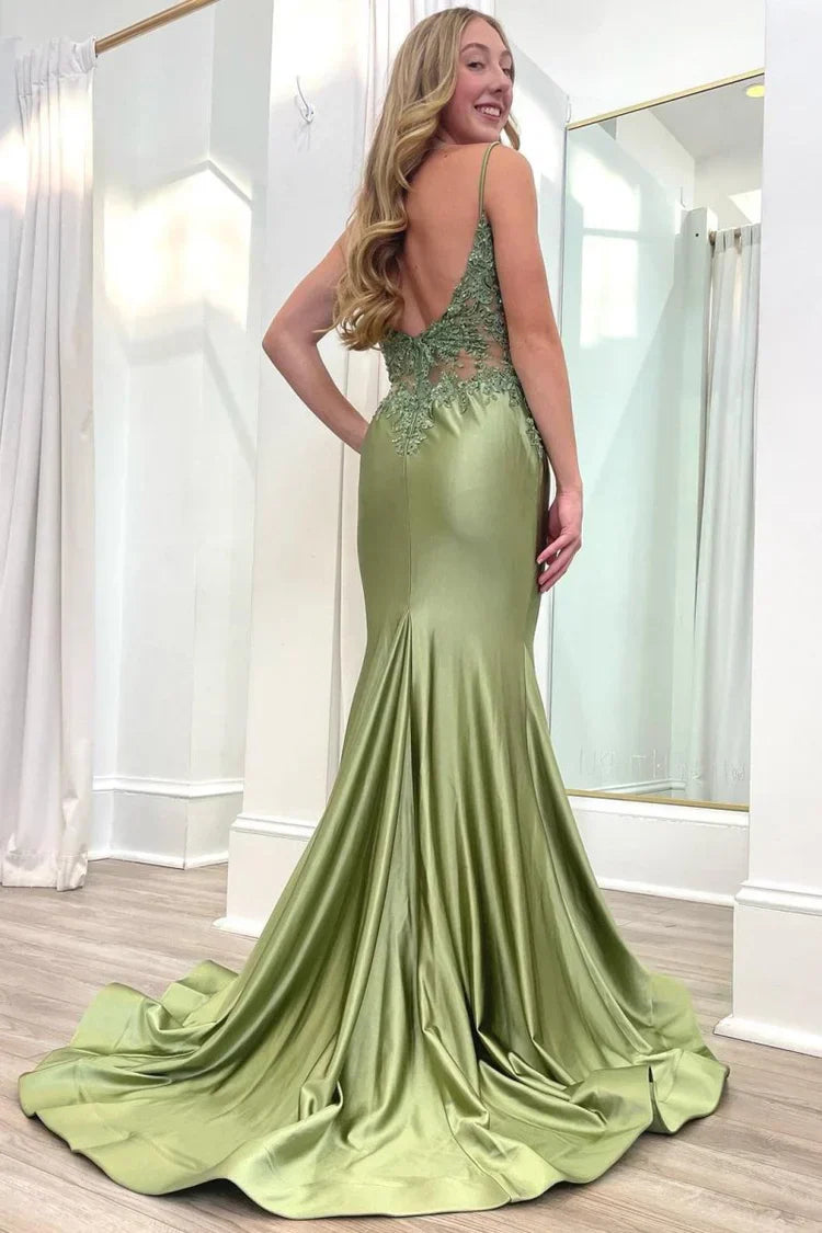 Satin Lace Appliqué Open Back Mermaid Prom Dresses