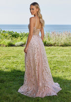 Blush Sage Sequin Tulle Maxi Prom Dresses with Thin Straps Sweetheart Neck High Slit Sweep Train for Prom and Destination Wedding