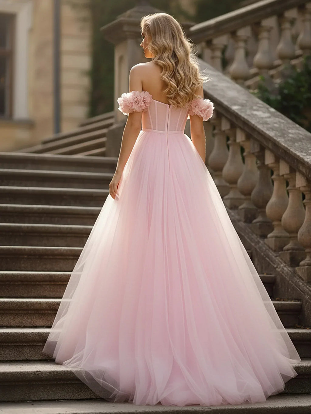 Blush Tulle Maxi Prom Dresses with Off Shoulder 3D Floral Applique Corset Bodice High Slit for Prom and Garden Wedding