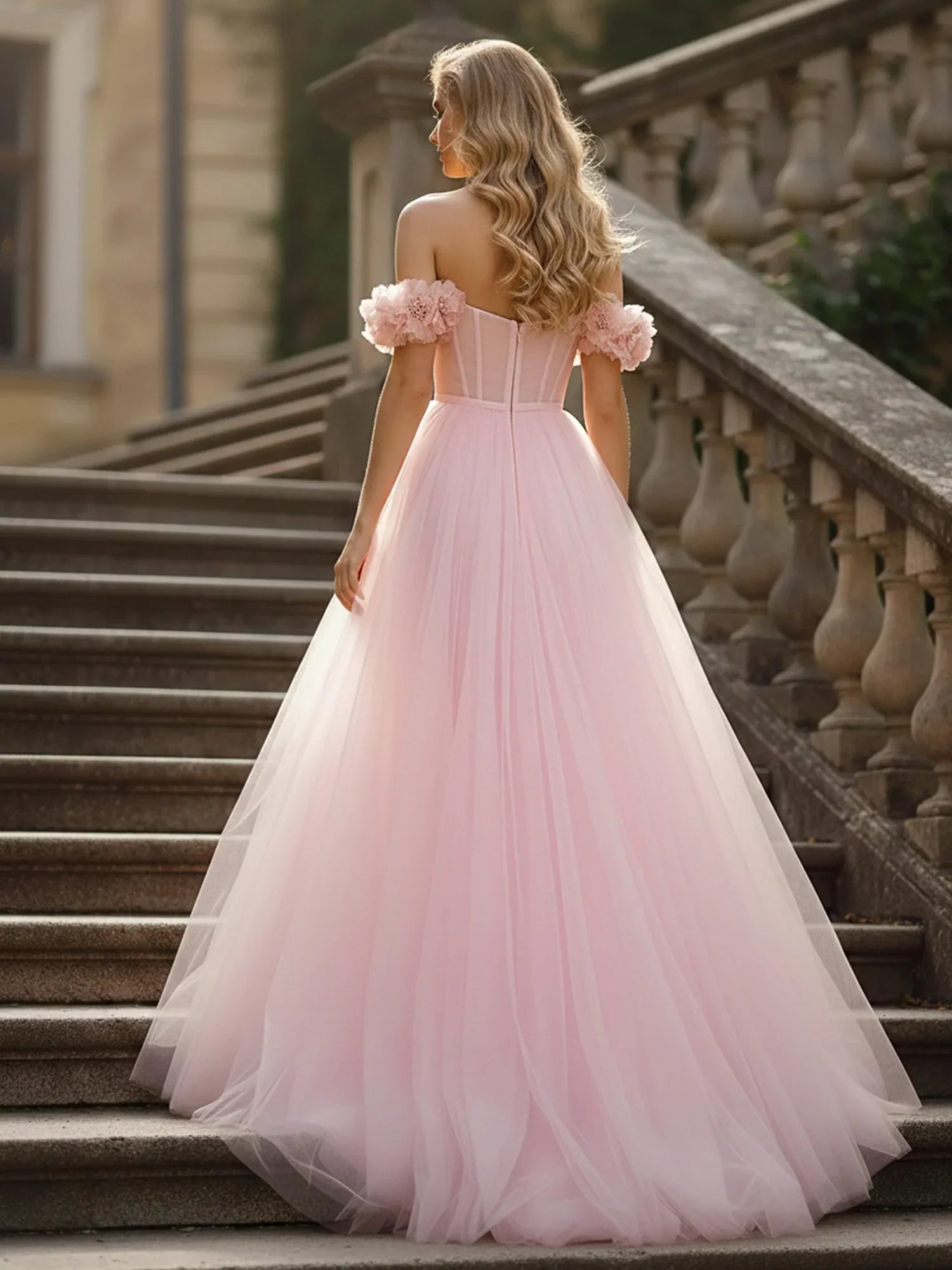 Blush Tulle Maxi Prom Dresses with Off Shoulder 3D Floral Applique Corset Bodice High Slit for Prom and Garden Wedding