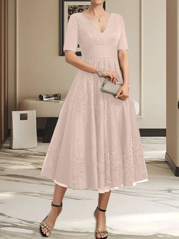 A-line V-Neck Tea-Length Tulle Lace Mother of the Bride Dress With Pleated