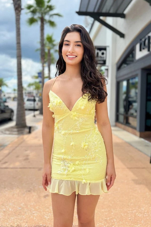 Bodycon V Neck  Flowers Homecoming Dress Party Dress