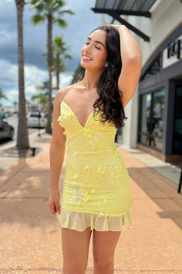 Bodycon V Neck  Flowers Homecoming Dress Party Dress