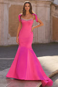 Bow Strap Square Neck Crystal Embellished Satin Mermaid Cathedral Train Prom Dresses