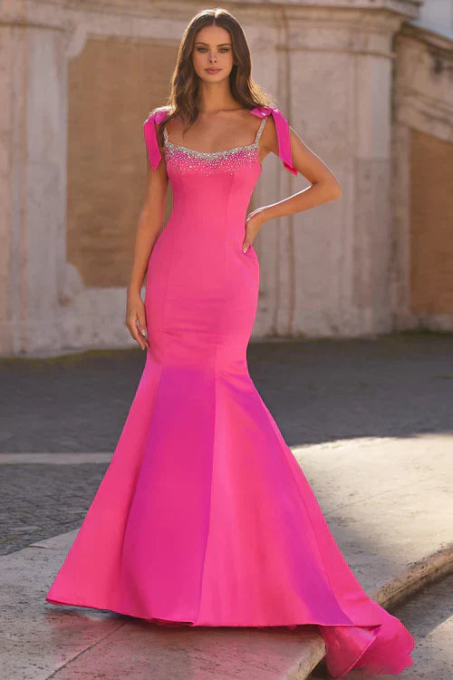 Bow Strap Square Neck Crystal Embellished Satin Mermaid Cathedral Train Prom Dresses