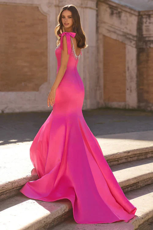 Bow Strap Square Neck Crystal Embellished Satin Mermaid Cathedral Train Prom Dresses