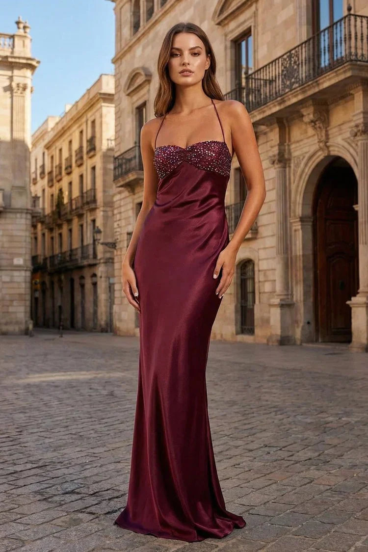 Burgundy Halter Beaded Bust Lace Up Back Satin Prom Dresses