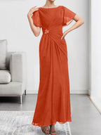 A-line Scoop Illusion Tea-Length Chiffon Lace Mother of the Bride Dress With Beading Sequins