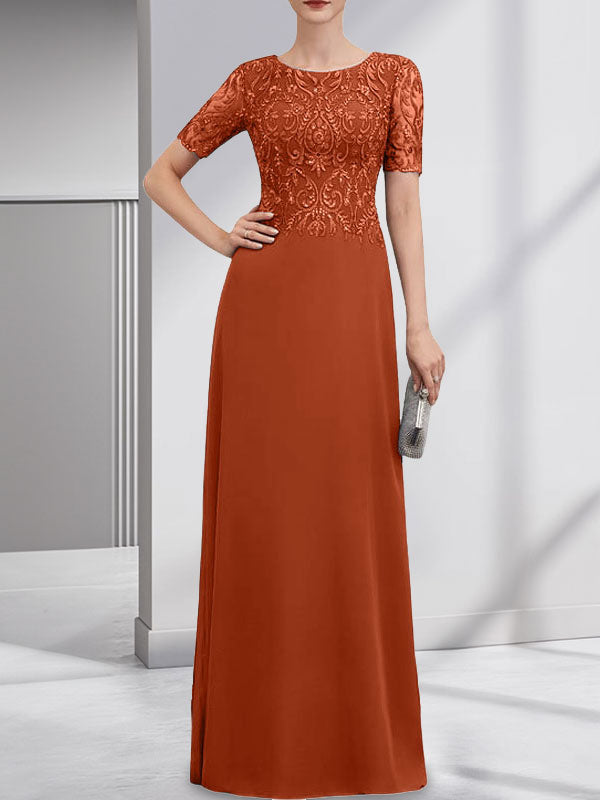 A-line Scoop Floor-Length Lace Chiffon Mother of the Bride Dress With Sequins