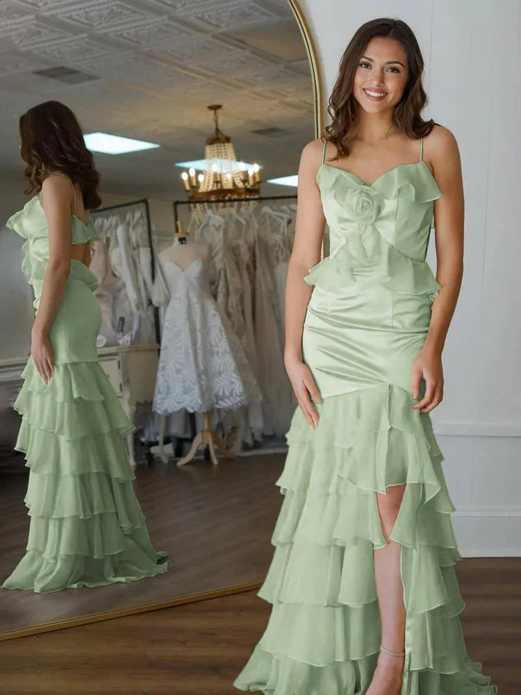 Buttercup 3D Rose Ruffle Tiered Spaghetti Strap Prom Dresses