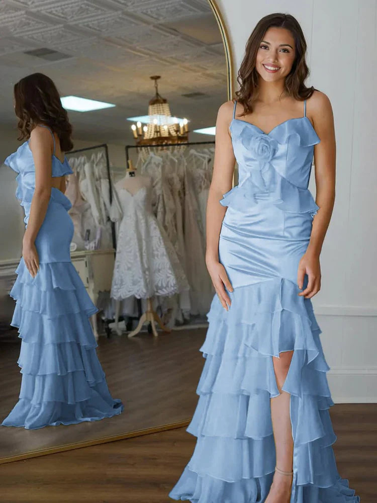 Buttercup 3D Rose Ruffle Tiered Spaghetti Strap Prom Dresses