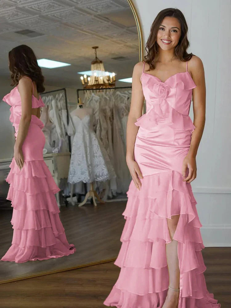 Buttercup 3D Rose Ruffle Tiered Spaghetti Strap Prom Dresses