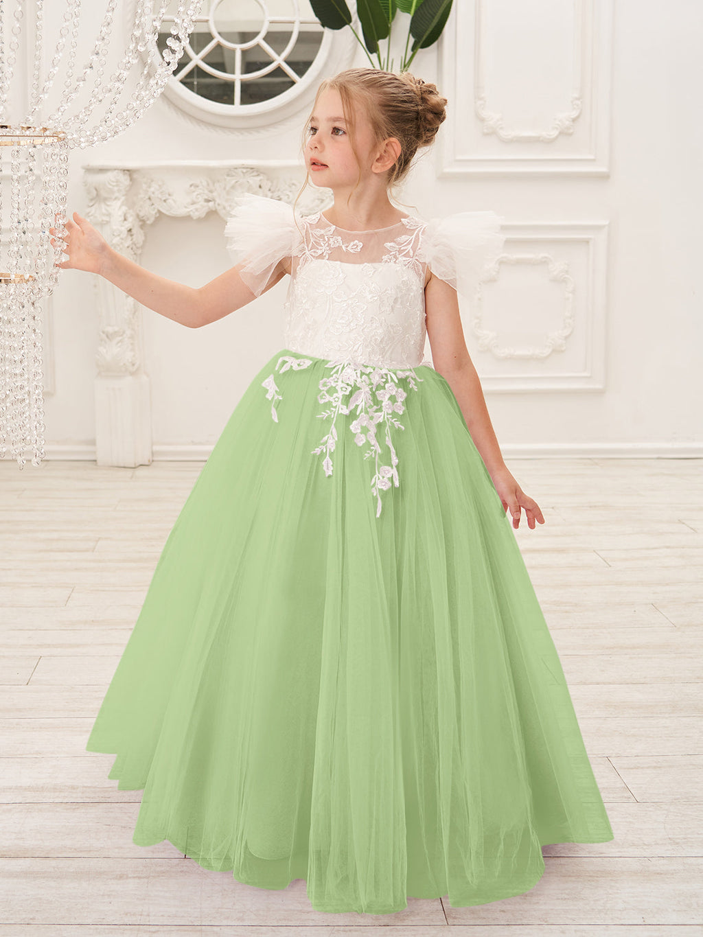 Detachable  Lace Tulle Sweep Train Flower Girl Dress