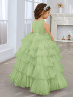Ball-Gown/Princess Pearl Pink Sleeveless Tulle Bow Flower Girl Dress (010220814)