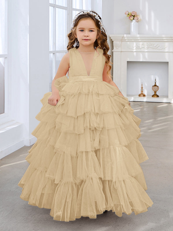Ball-Gown/Princess Pearl Pink Sleeveless Tulle Bow Flower Girl Dress (010220814)
