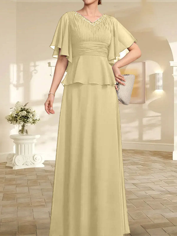 A-line V-Neck Floor-Length Chiffon Mother of the Bride Dress With Pleated Beading