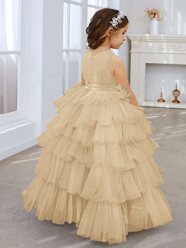 Ball-Gown/Princess Pearl Pink Sleeveless Tulle Bow Flower Girl Dress (010220814)