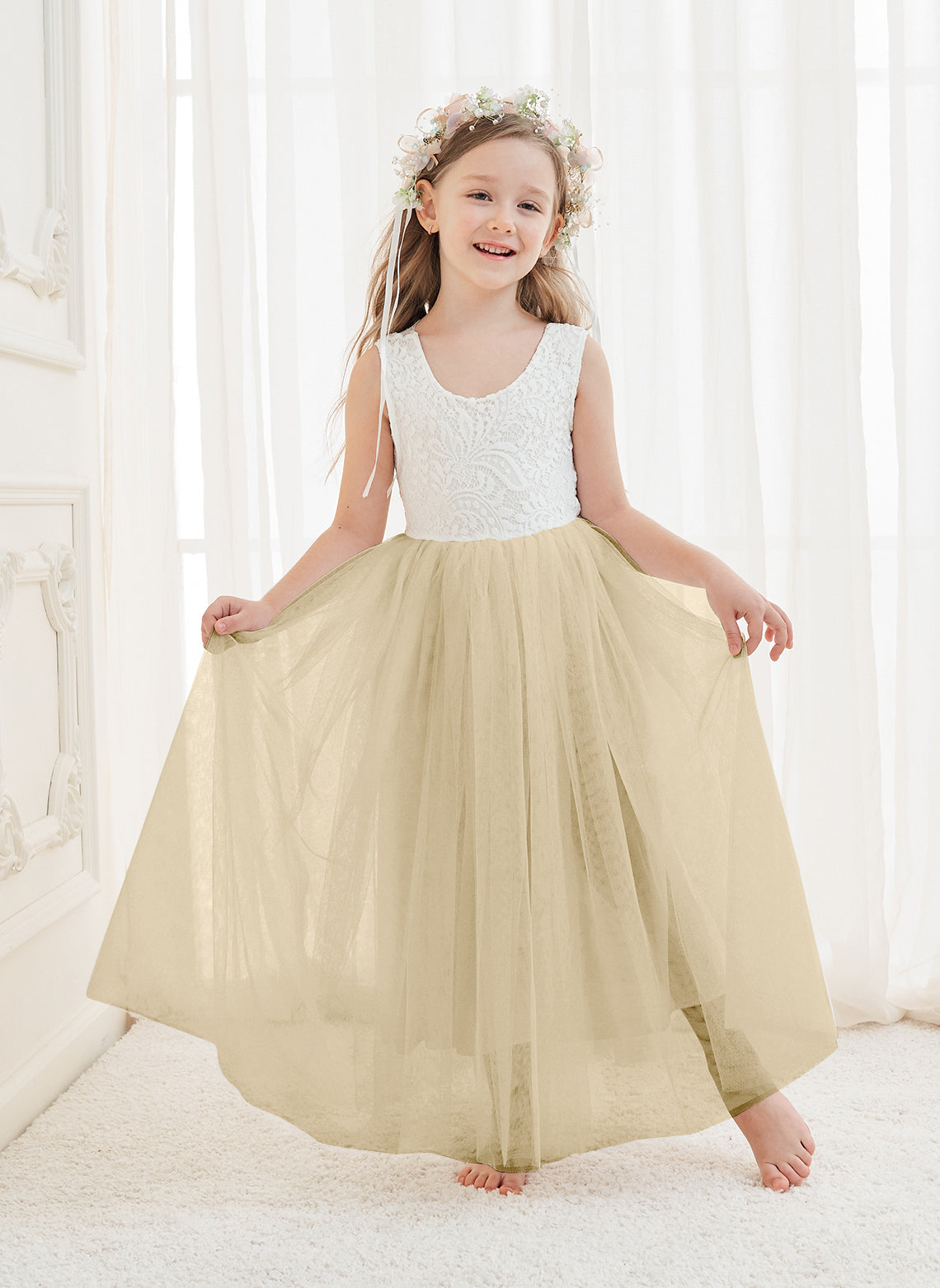 A-line Lace Tulle Ankle-length White Dress (2003227597)