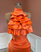 Charming High Neck Mermaid Stain Ruffles Prom Dress with Split