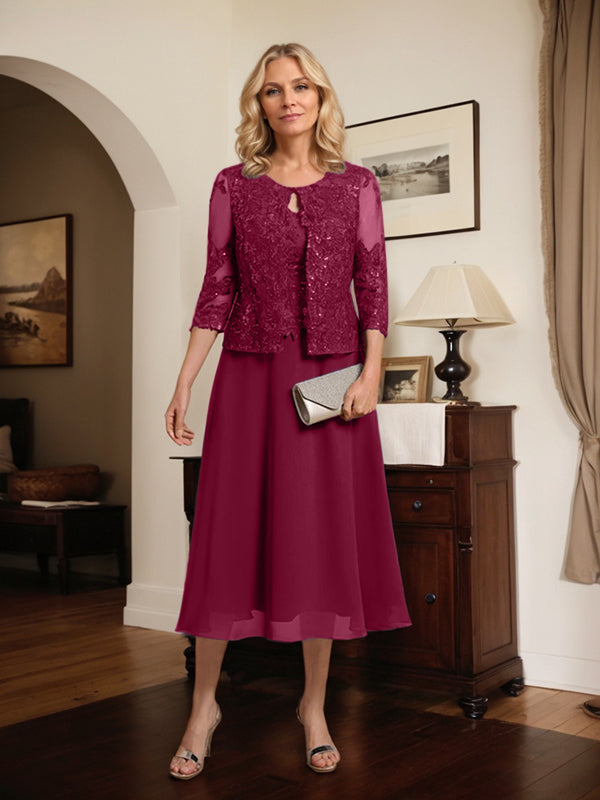 A-line Scoop Tea-Length Lace Chiffon Mother of the Bride Dress With Sequins