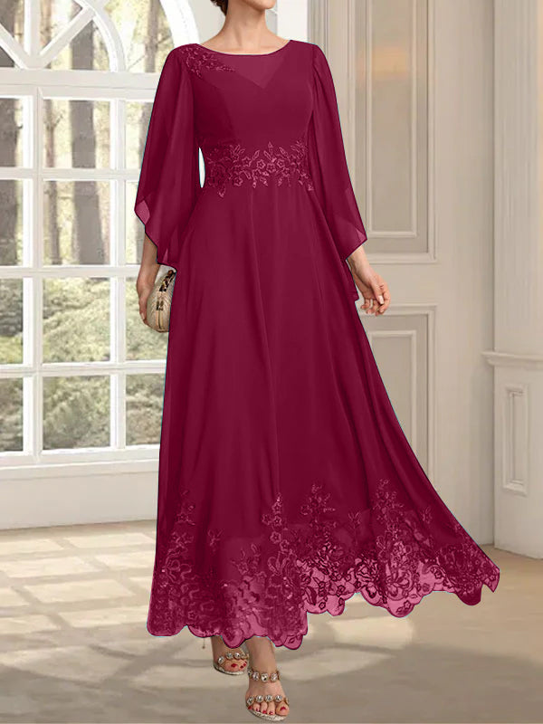 A-line Scoop Illusion Ankle-Length Lace Chiffon Mother of the Bride Dress With Sequins