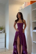 Chic Straight Across Sleeveless Pleated Split Prom Dress
