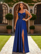 Chic Spaghetti Strap Satin Maxi Dress with Beaded Corset Bodice: Prom Dress