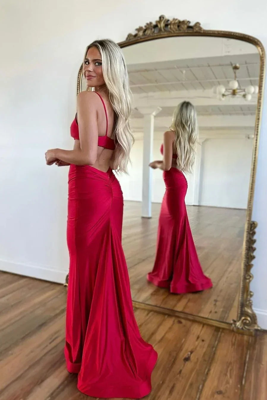 Chic Satin Cutout Mermaid Gown with Spaghetti Straps: Prom Dress