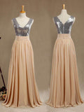 Chiffon Mix Sequin Bridesmaid Dress V-neck A-line Sleeveless